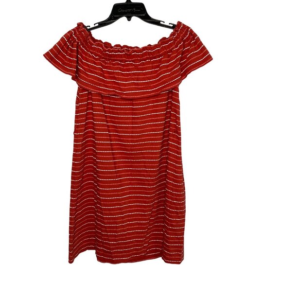Loft Beach Off The Shoulder Dress Size Large Brick Red & White Striped Vacation - Picture 2 of 8